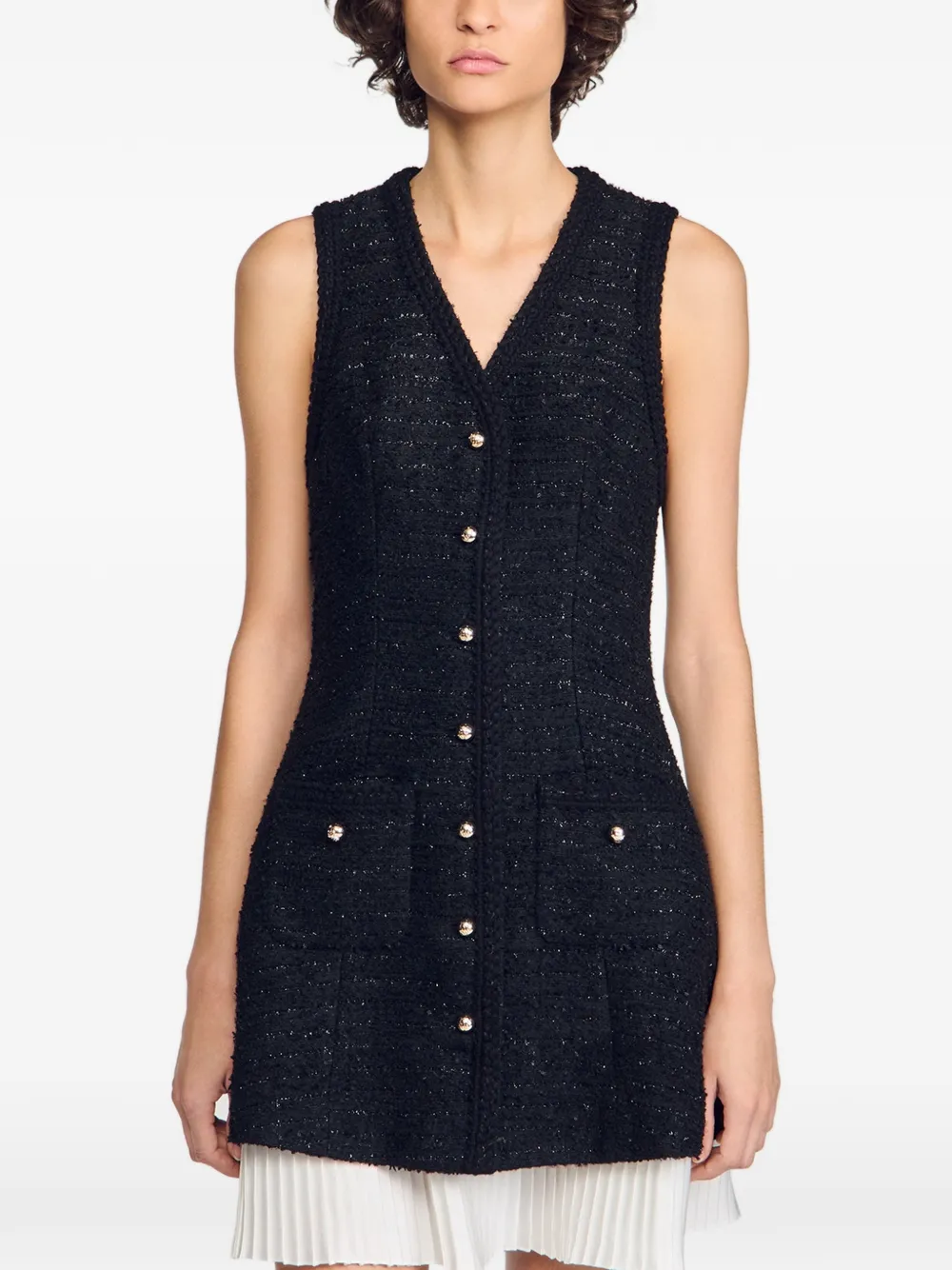 SANDRO Mini-jurk met geplooide zoom en tweed-effect Zwart