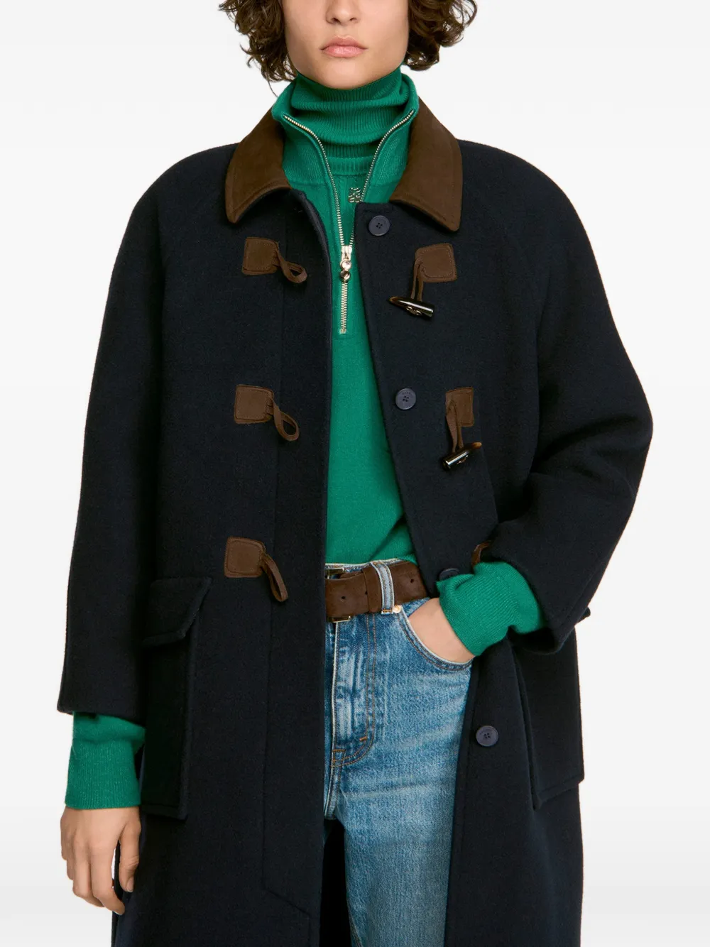 SANDRO Wollen jas met houtje-touwtje sluiting en shirtkraag Blauw