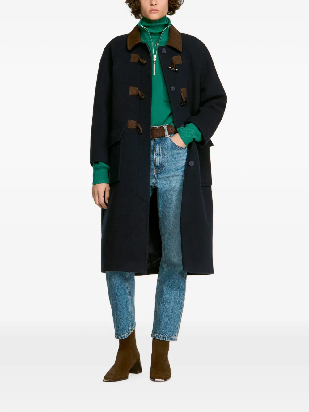 SANDRO Wollen jas met houtje-touwtje sluiting en shirtkraag Blauw