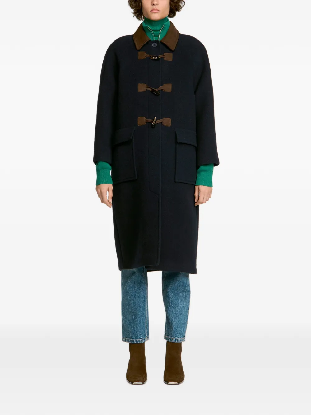 SANDRO Wollen jas met houtje-touwtje sluiting en shirtkraag Blauw