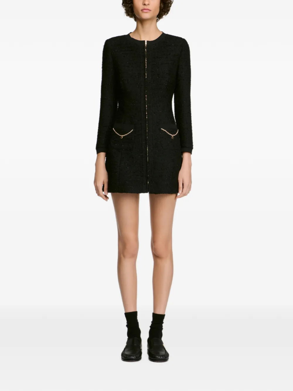 SANDRO Tweed jurk met metalen ketting Zwart