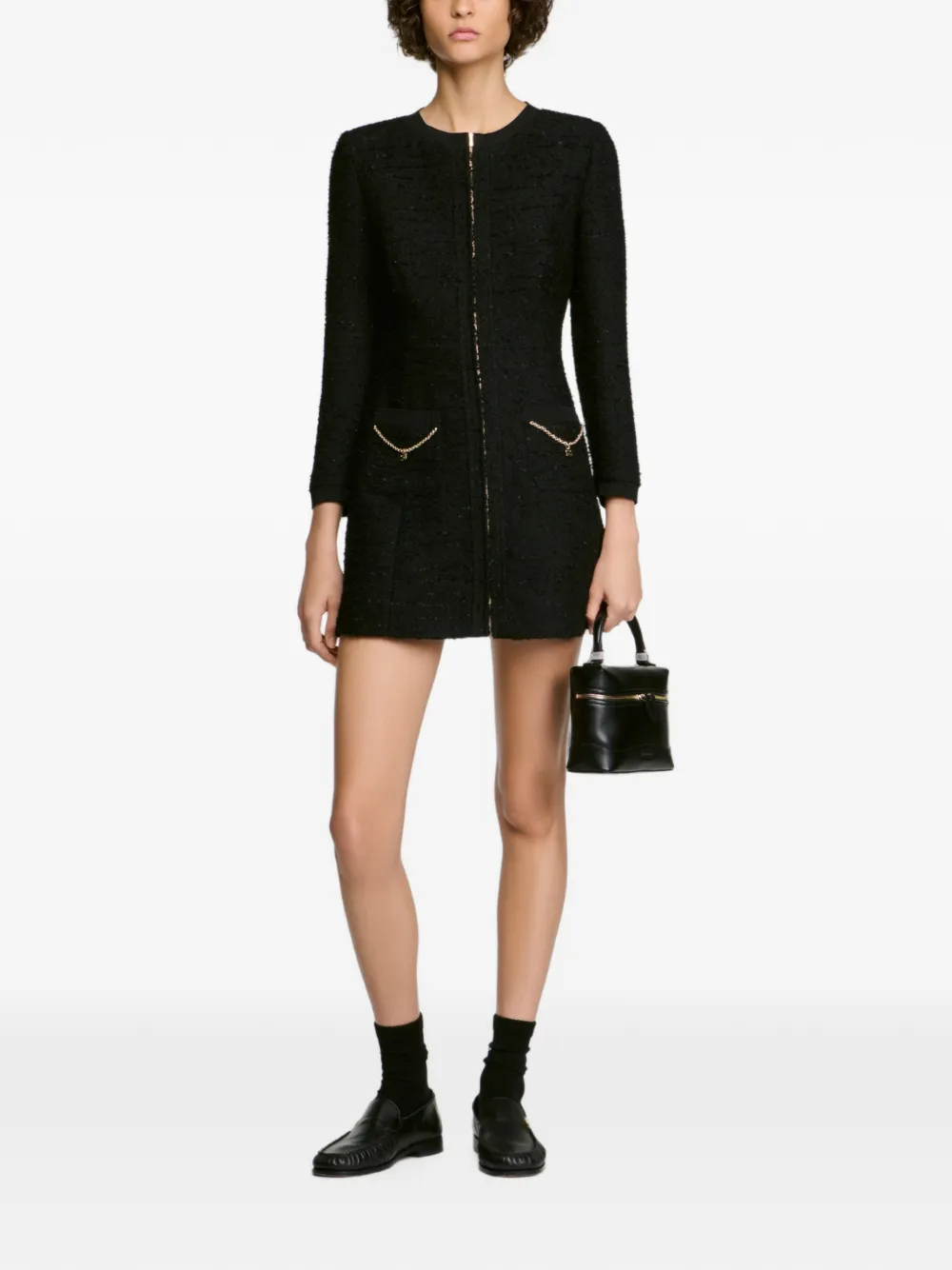 SANDRO Tweed jurk met metalen ketting Zwart