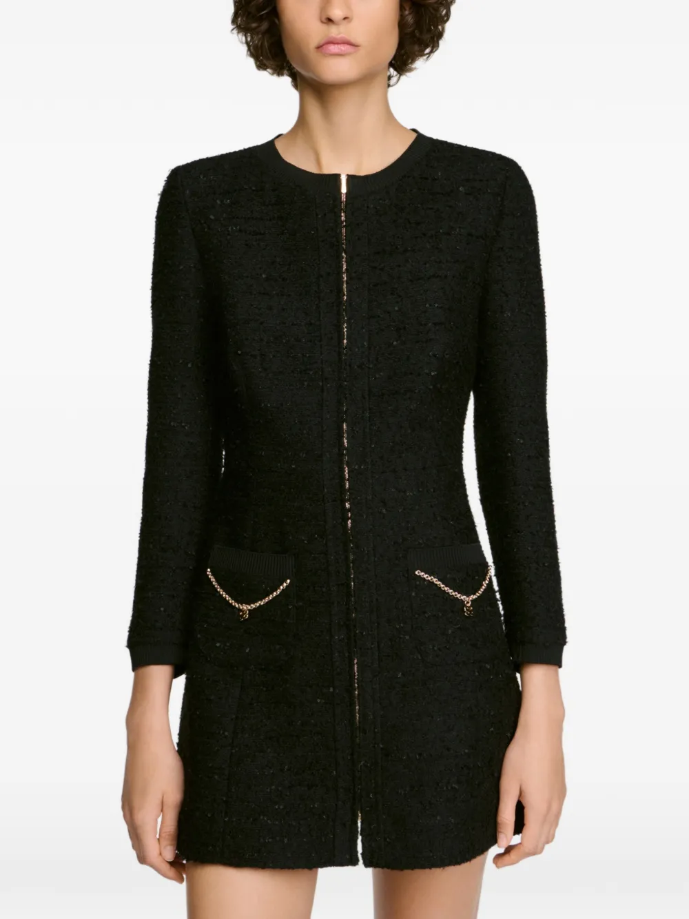 SANDRO Tweed jurk met metalen ketting Zwart