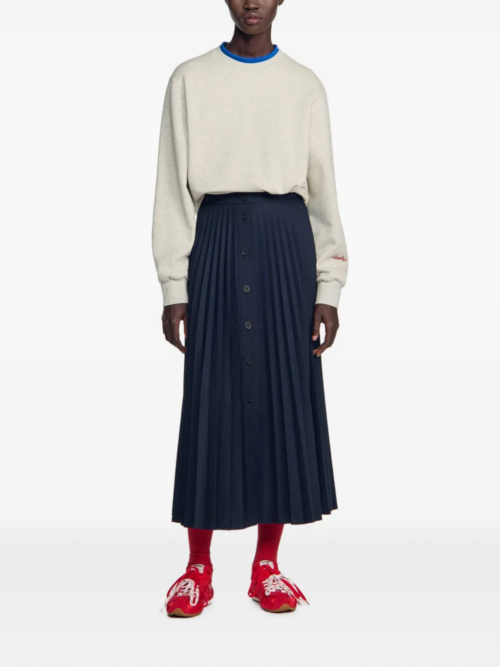 SANDRO Midi-rok met plooien en knopen Blauw