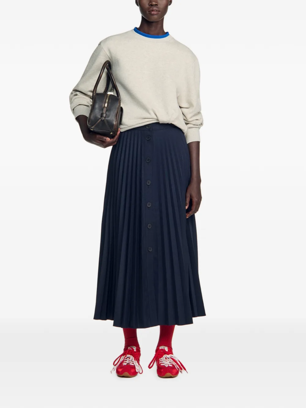 SANDRO Midi-rok met plooien en knopen Blauw