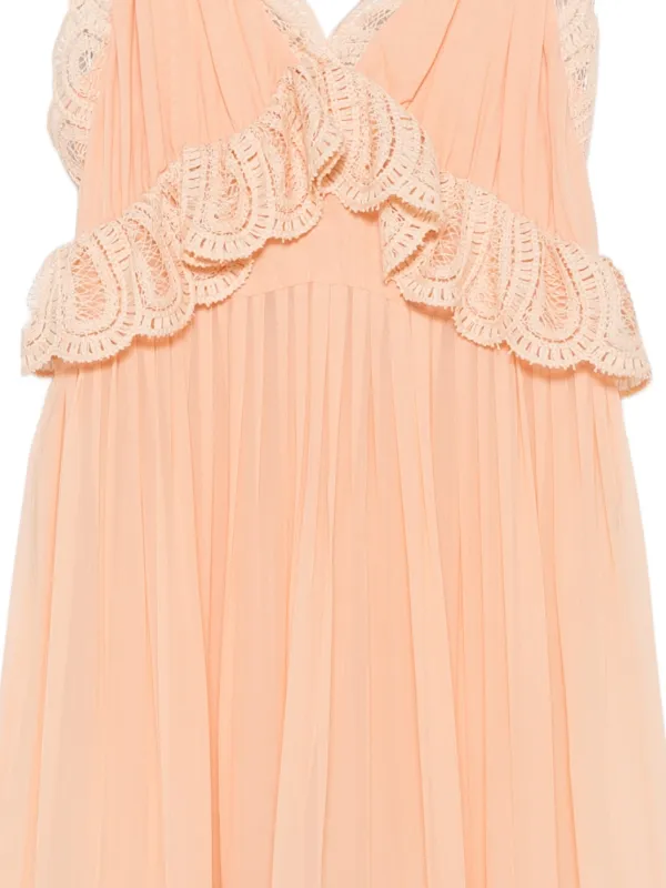 crochet pleated dress Floral Crochet Chiffon Spliced Pleated Midi Dress in Yellow