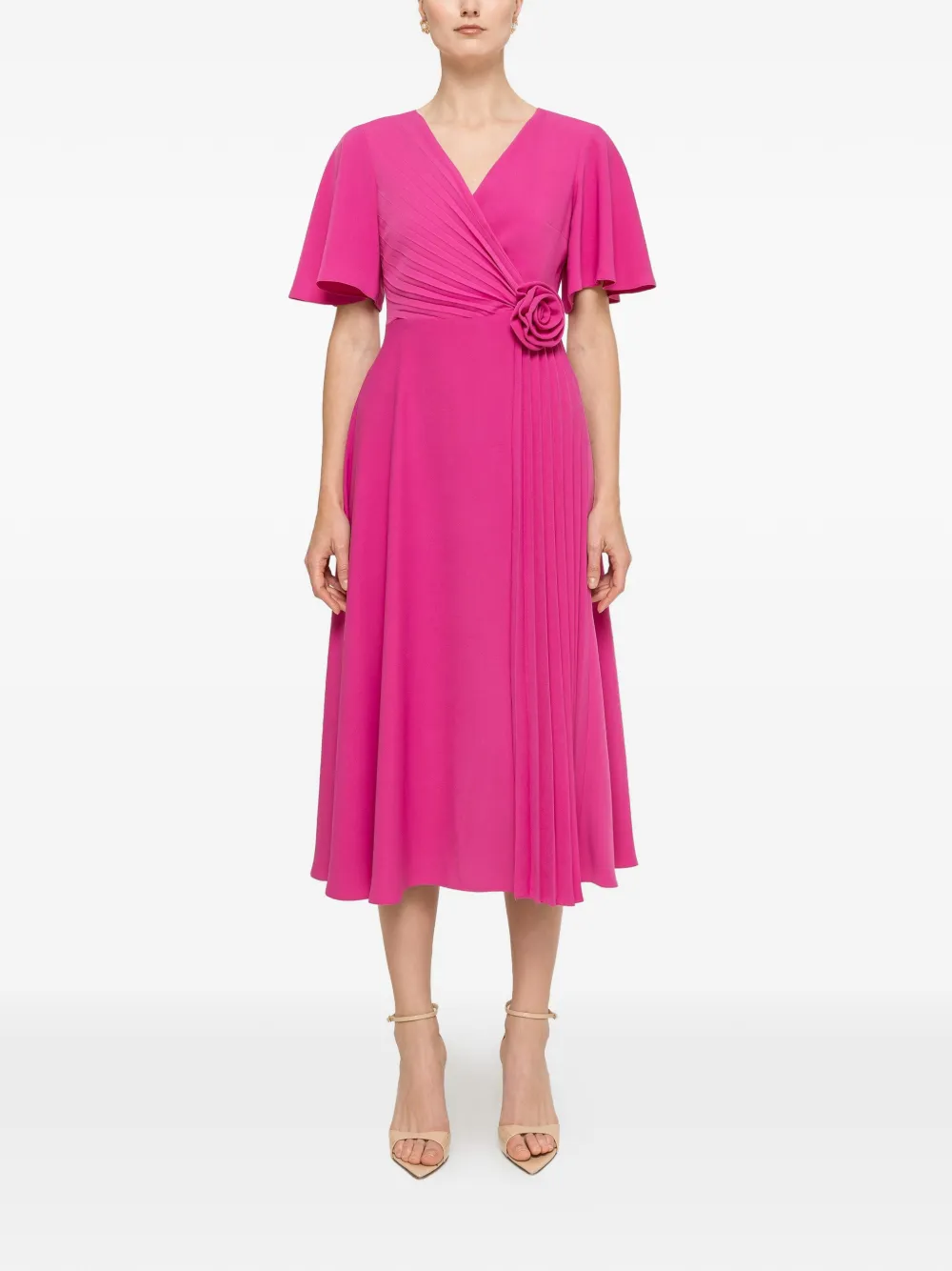 NISSA floral-appliqué pleated midi dress - Pink