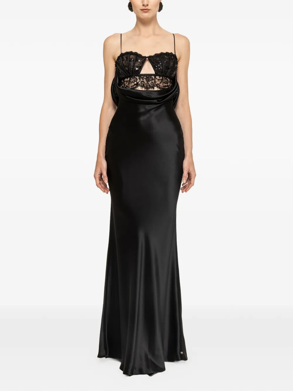 NISSA lace-panel satin maxi dress - Black