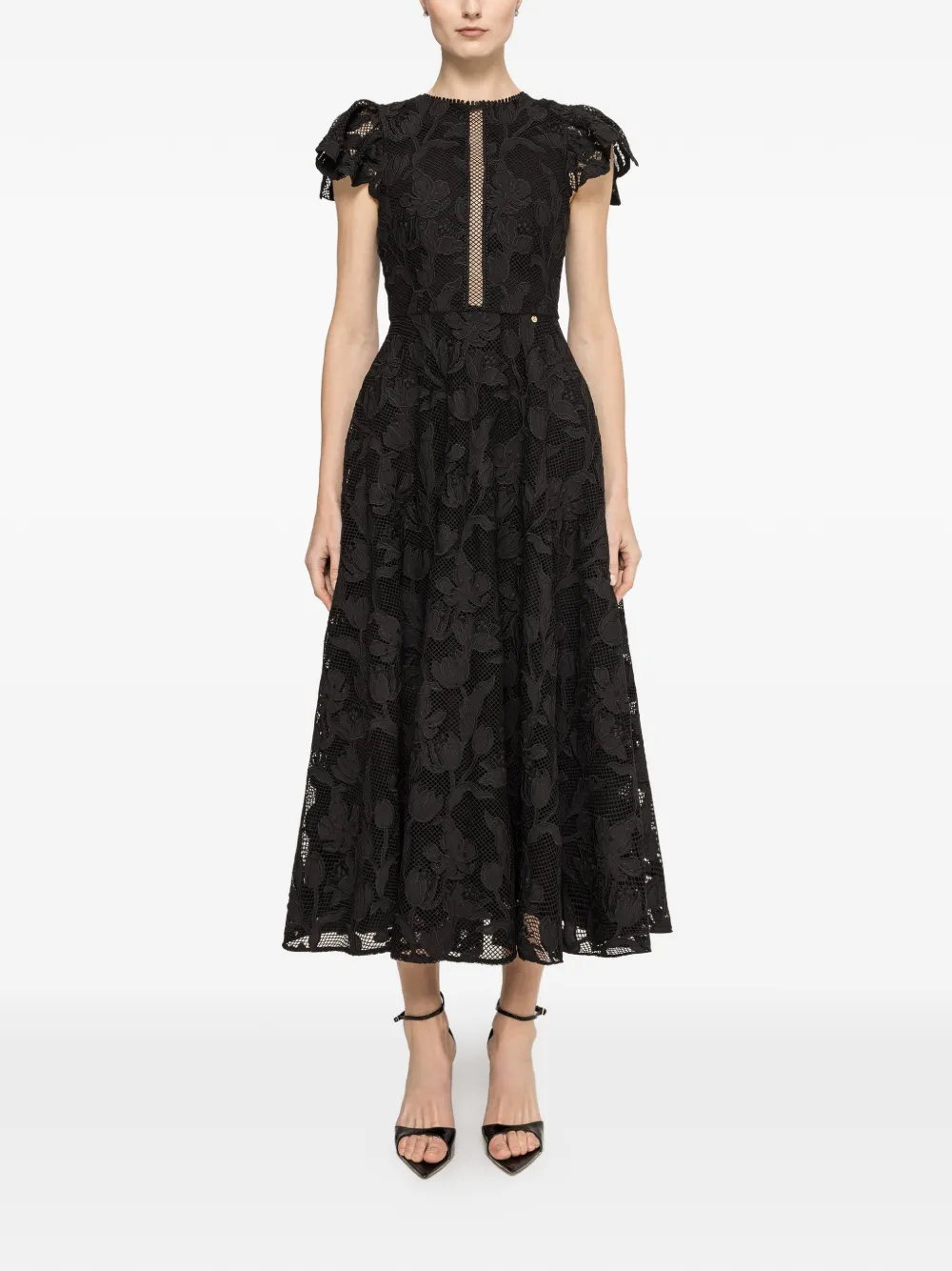 NISSA embroidered lace midi dress - Nero