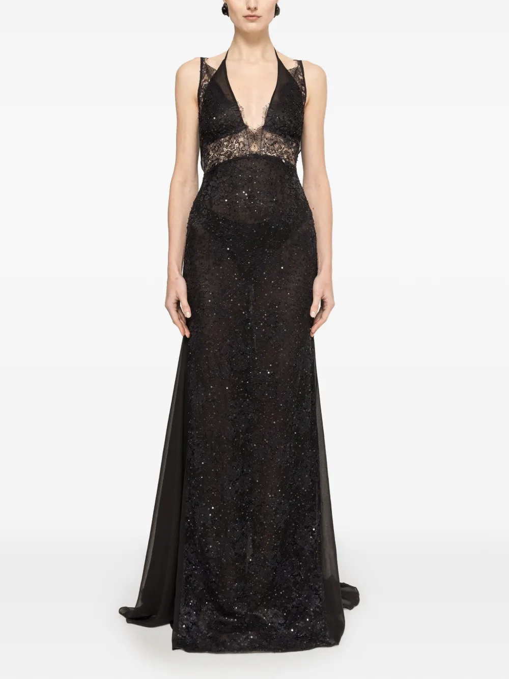NISSA beaded lace-panel maxi dress - Nero