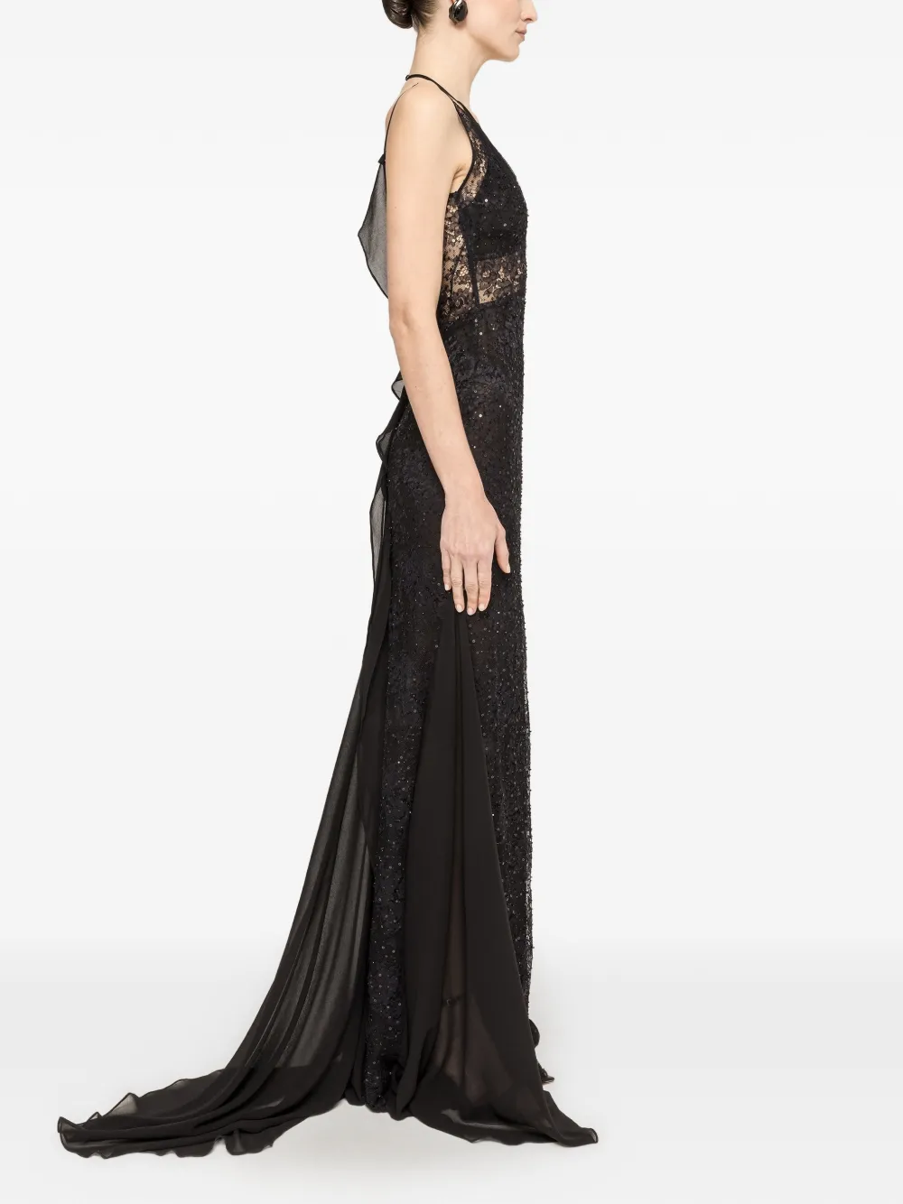 NISSA maxi-dress met kanten vlak en kralen Zwart