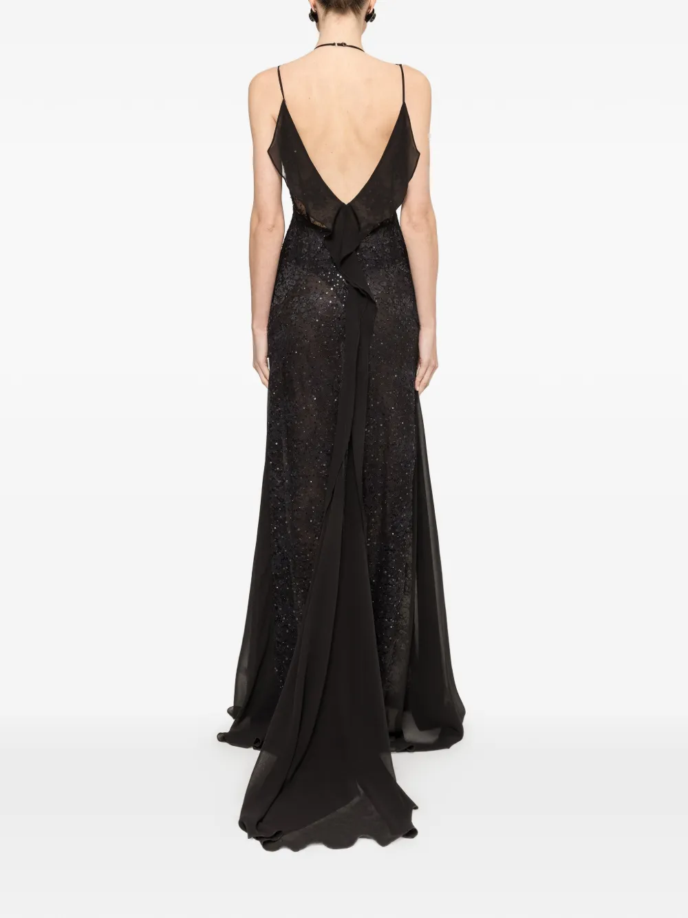 NISSA maxi-dress met kanten vlak en kralen Zwart