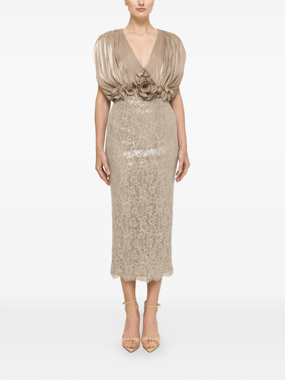 NISSA floral-detail lace midi dress - Grigio
