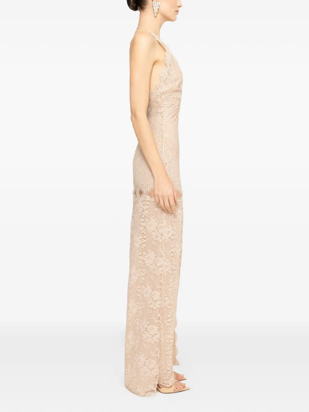 NISSA maxi-dress met kanten afwerking en kralen Beige