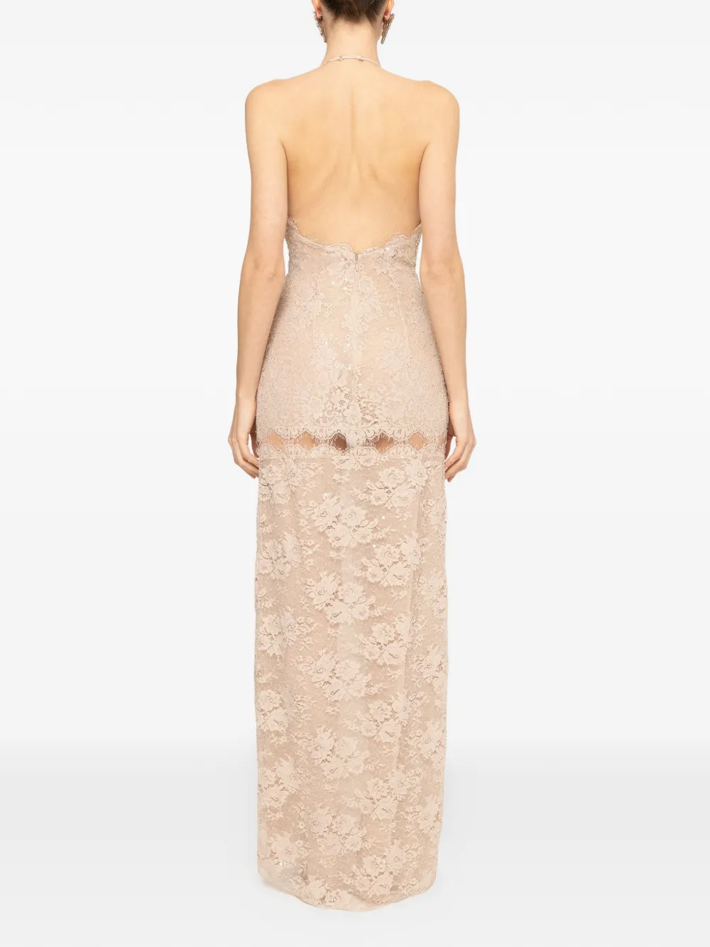 NISSA maxi-dress met kanten afwerking en kralen Beige