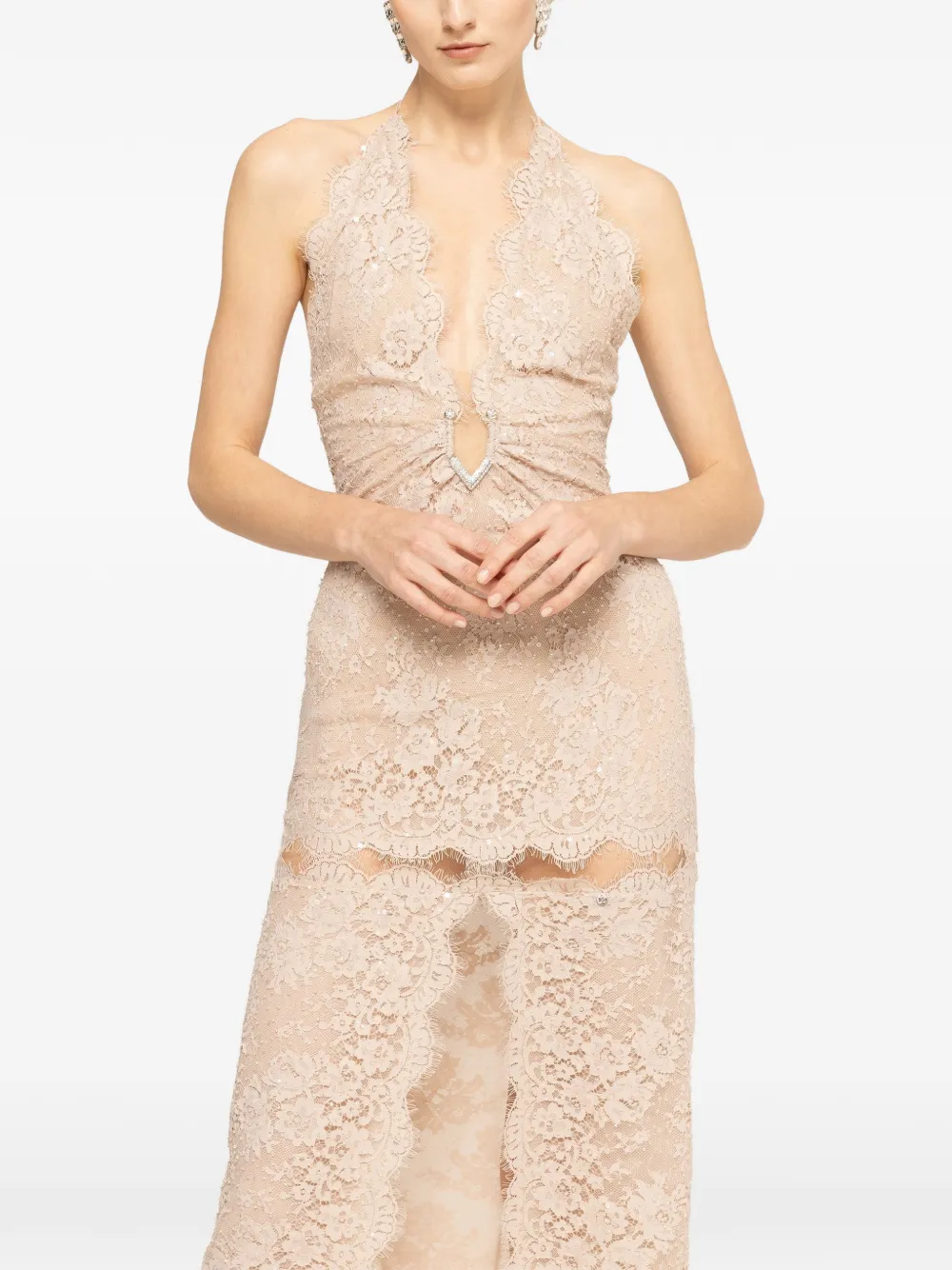 NISSA maxi-dress met kanten afwerking en kralen Beige