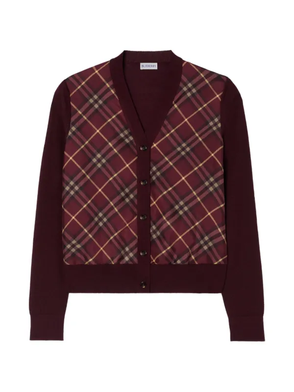Burberry Check Panel Wool Silk Cardigan in Red