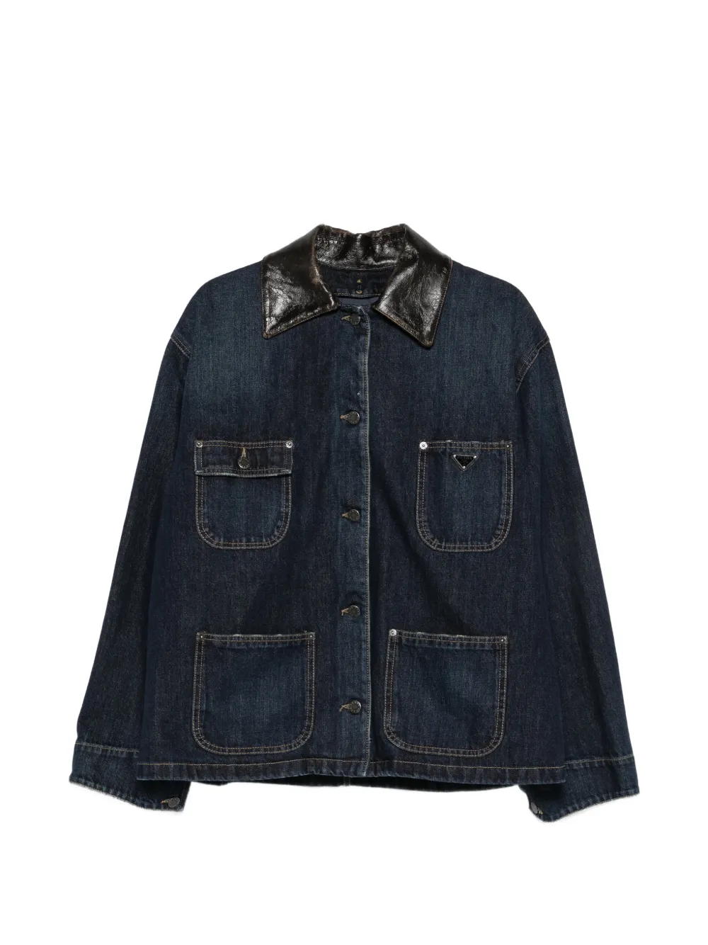 Prada leather-collar patch-pocket denim jacket - Blau