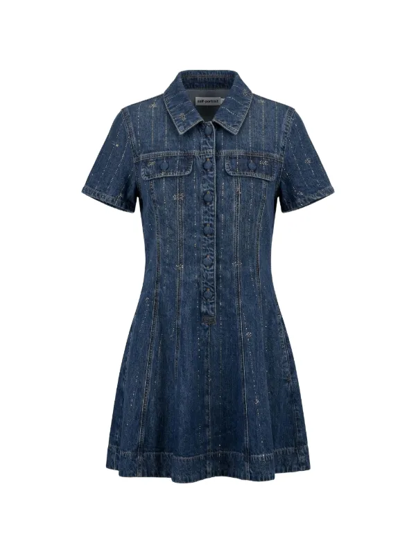 self portrait embellished denim mini dress SELF PORTRAIT | Light Blue Denim Pearl Mini Dress | Women