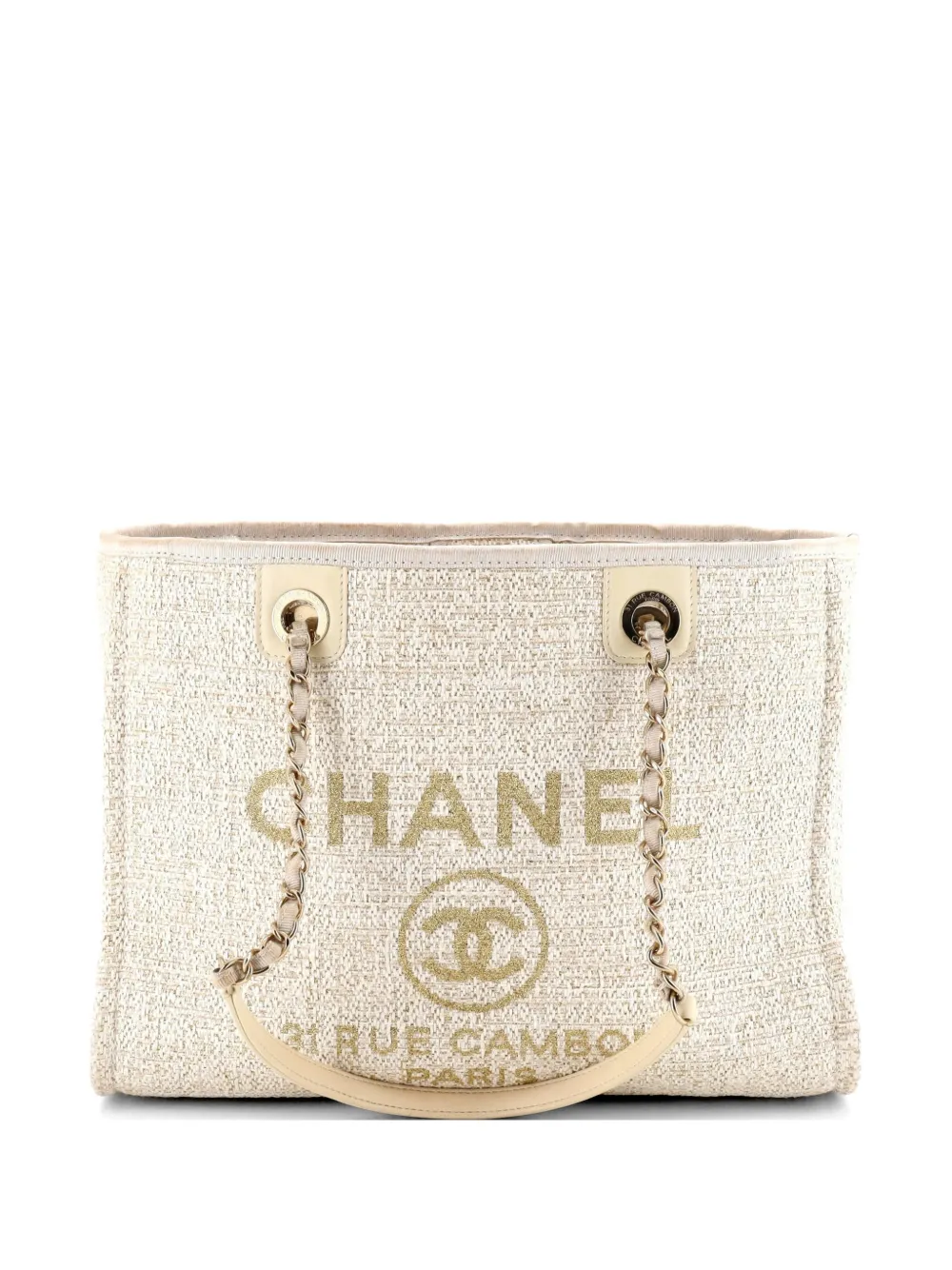 CHANEL Pre-Owned Kleiner Deauville Tote Bag aus Raffiabast mit Glitter-Detail - Nude