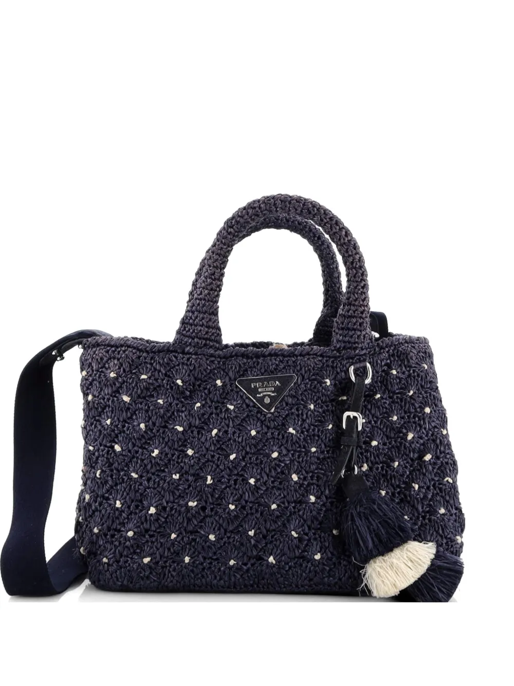Pre-owned Prada Canapa Raffia Crochet Small Tote Bag In Blue