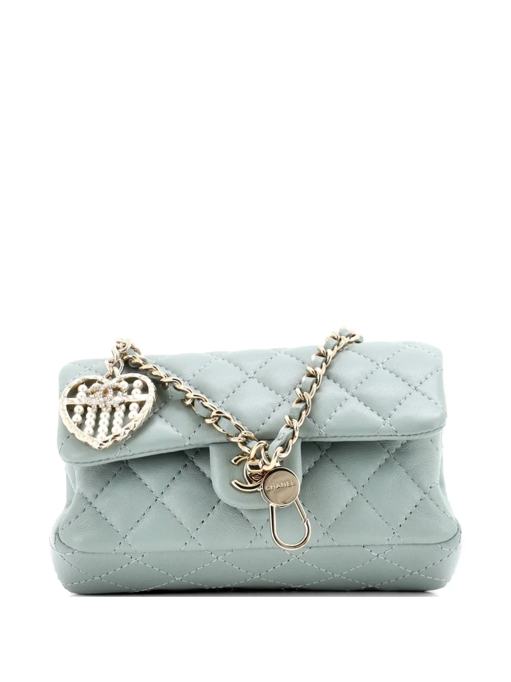 CHANEL Pre-Owned CC Heart Charm Double Flap Hook Bag Quilted Lambskin with Faux Pearls and Crystals Mini clutch bag - Grün