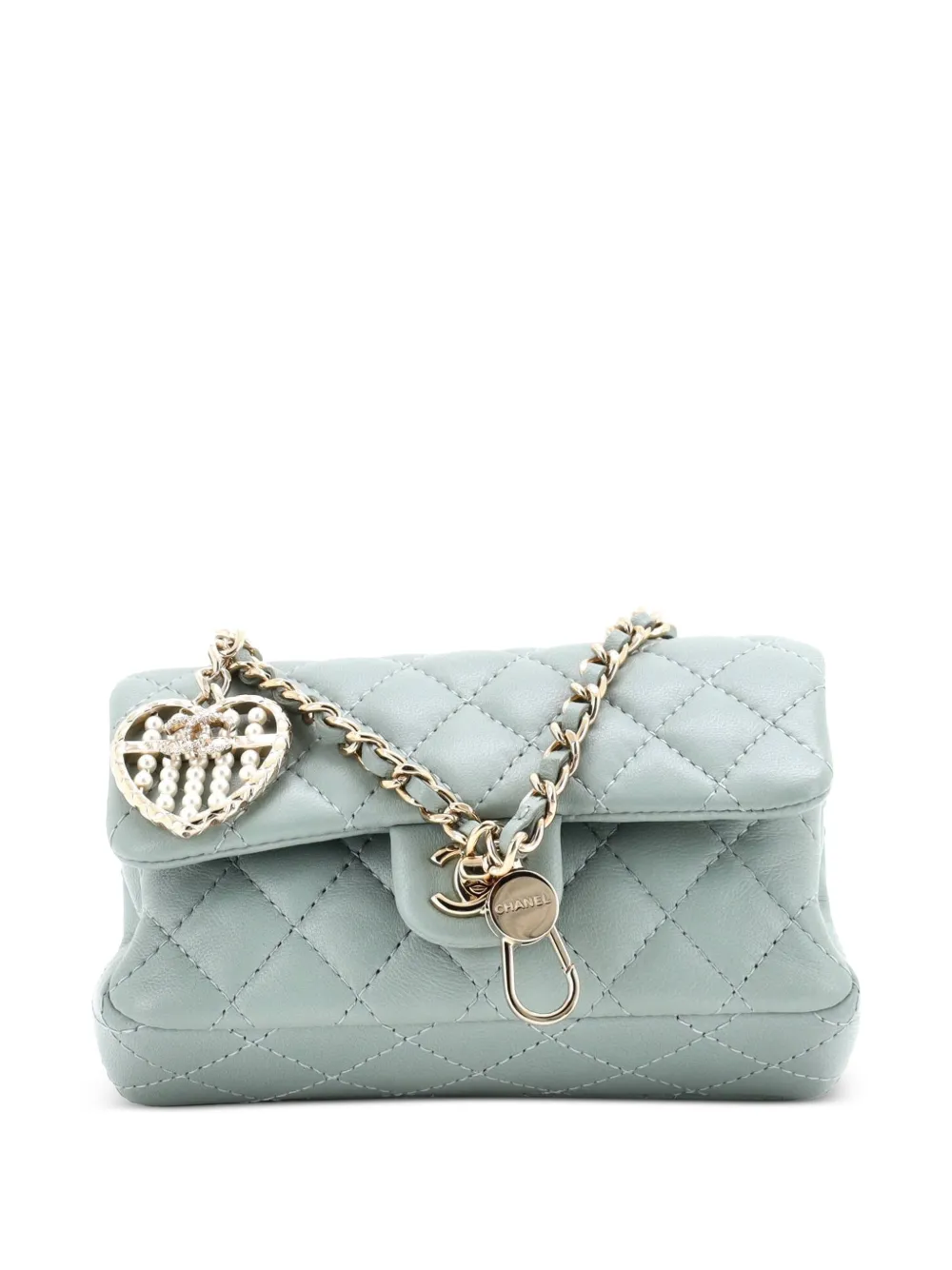 CHANEL Pre-Owned CC Heart Charm Double Flap Hook Bag Quilted Lambskin with Faux Pearls and Crystals Mini clutch bag - Verde