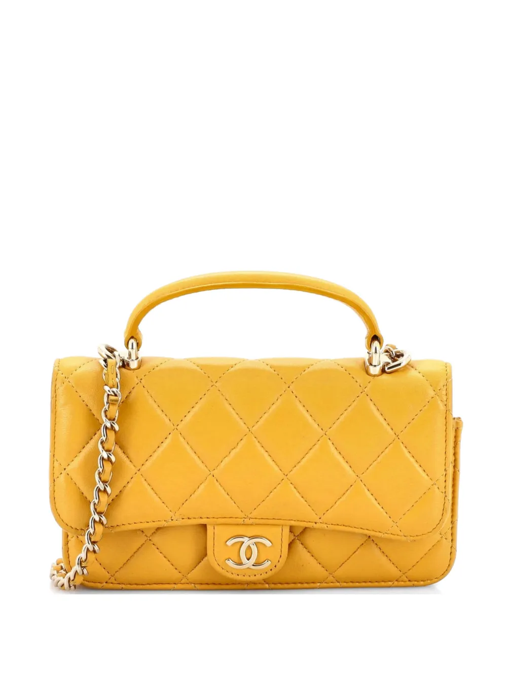CHANEL Pre-Owned Classic Top Handle Flap Phone Holder with Chain Quilted Lambskin crossbody bag - Giallo