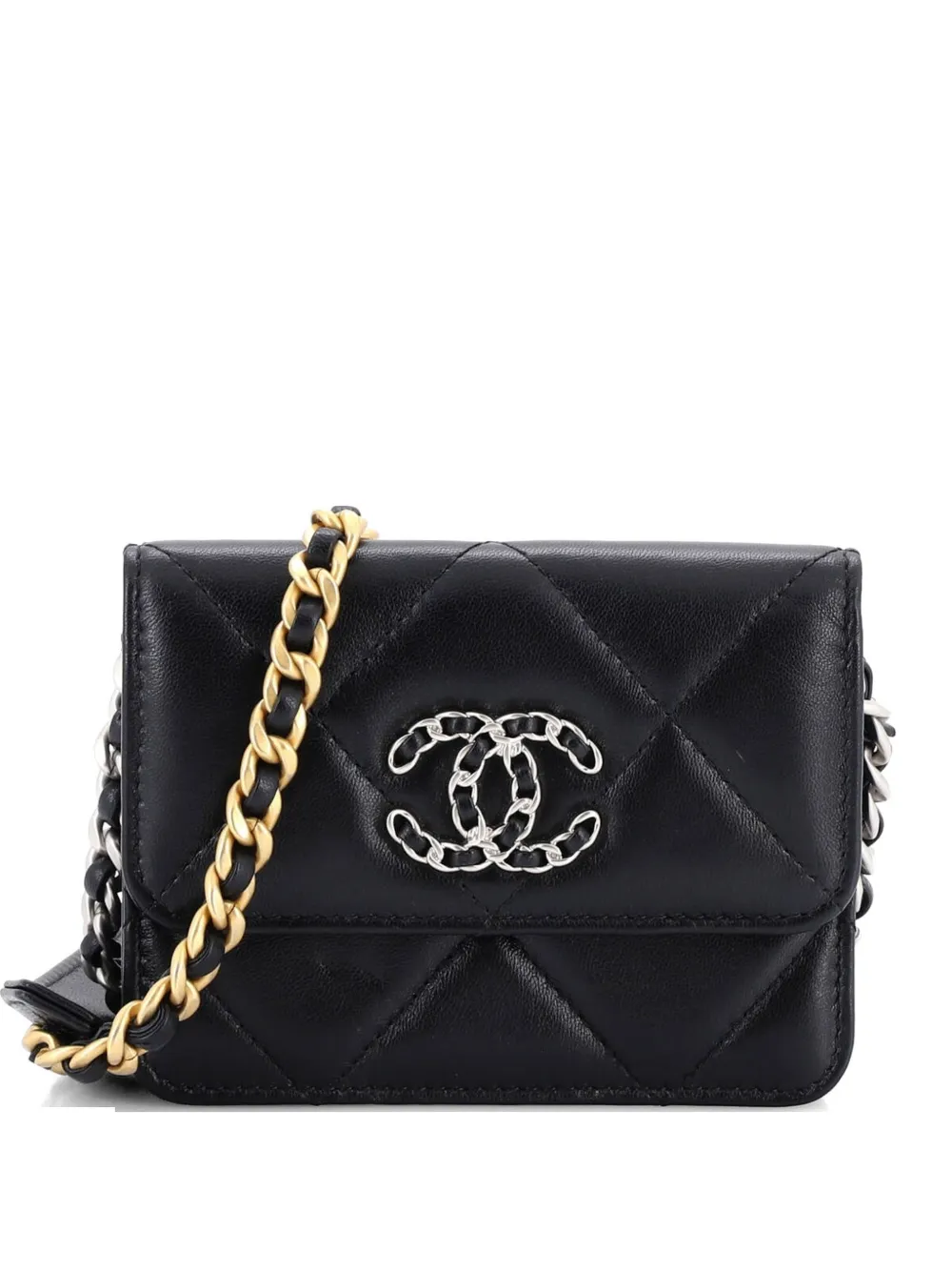CHANEL Pre-Owned 19 Card Holder on Chain Quilted Leather clutch bag - Nero