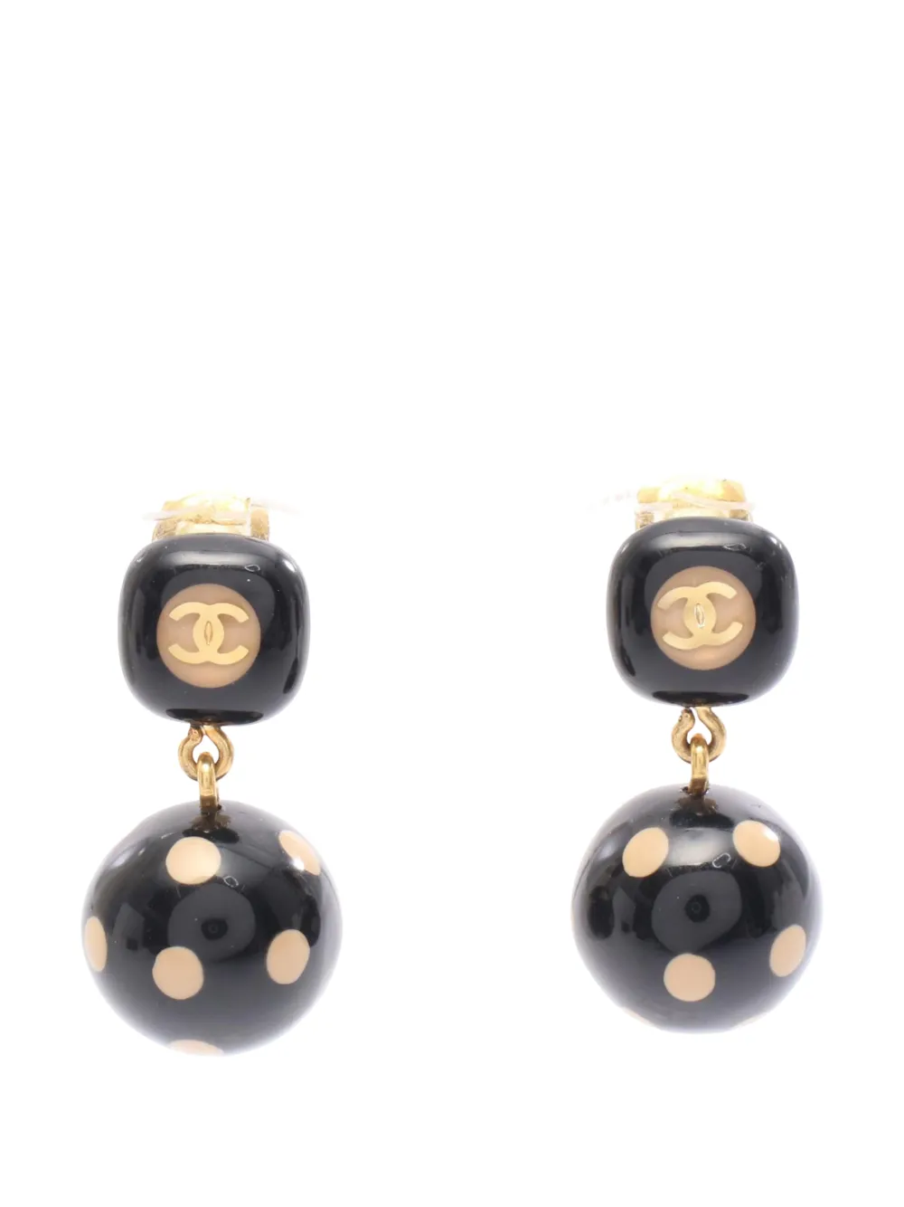 CHANEL Pre-Owned 2000 CC Resin and Gold Plated Polka Dot Dangle Clip On Earrings costume earrings - Black