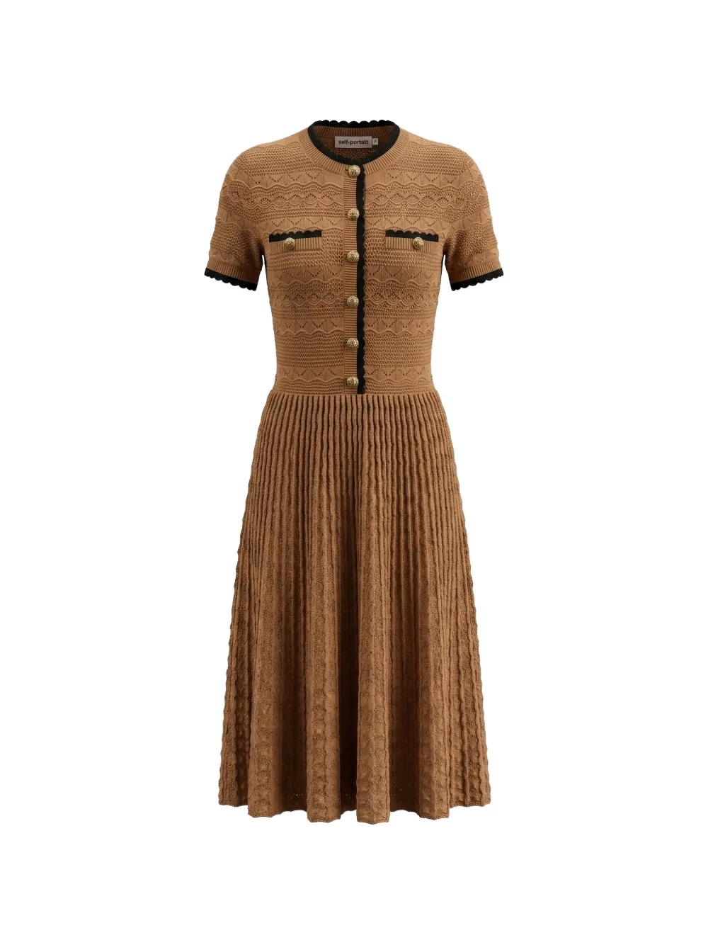 Self-Portrait pointelle-knit scalloped-trim midi dress - Marrone