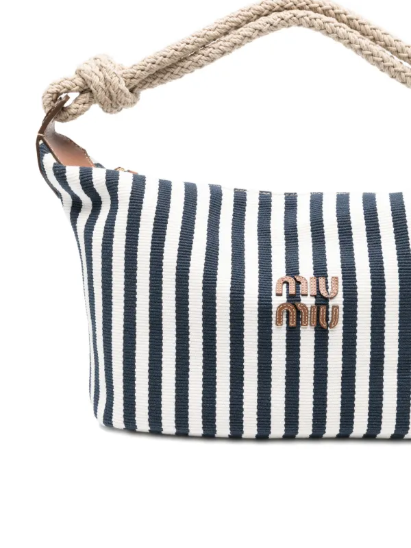 miumiu アーカイブ メッシュ トートバッグ ボーダー ネイビー&ホワイト Miu Miu Striped rope-handle Tote Bag | Blue | FARFETCH