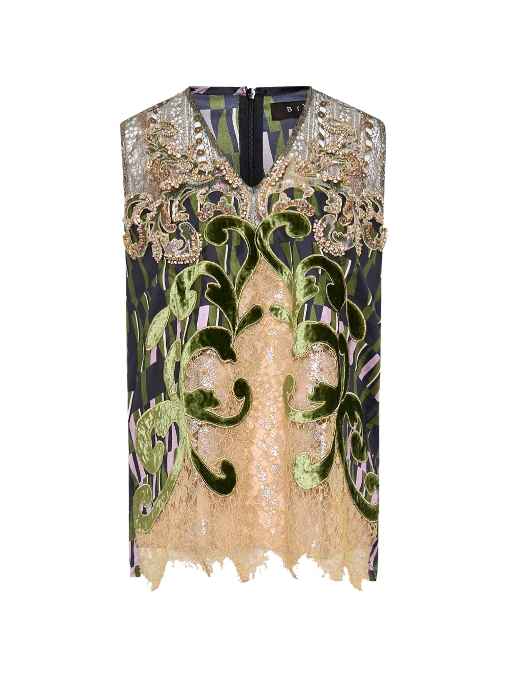 Biyan bead-embellished lace-trim silk blouse - Verde