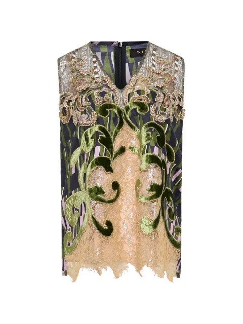 Biyan bead-embellished lace-trim silk blouse
