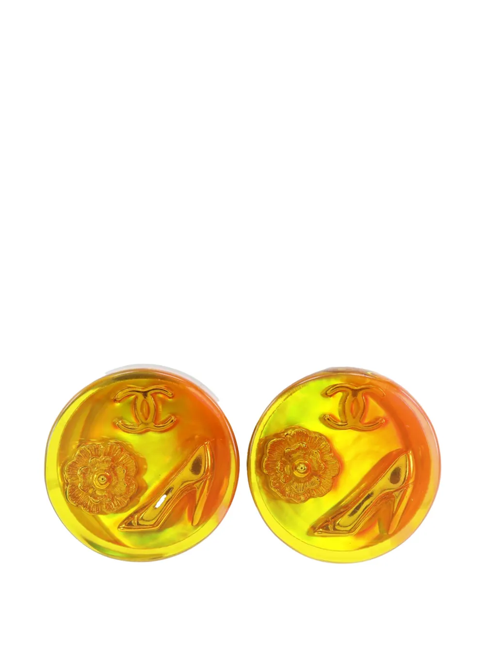 Pre-owned Chanel 1997 Cc Resin Embedded Camellia Shoe Gold Plated Clip On Earrings Costume Earrings