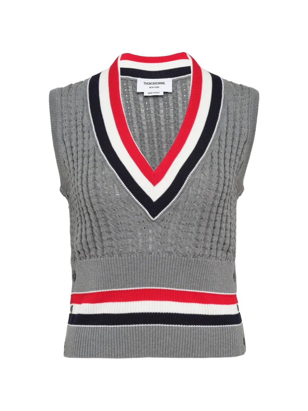 Thom Browne cricket RWB stripe cable-knit cotton shrunken vest - Grigio