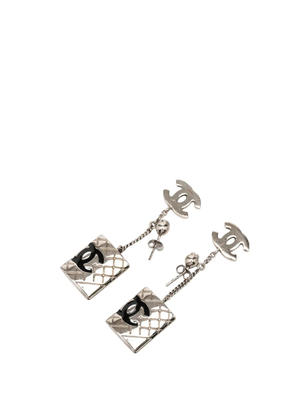 Pre-owned Chanel 2005 Cc Brass Cambon Ligne Drop Pushback Earrings Costume Earrings In Silver