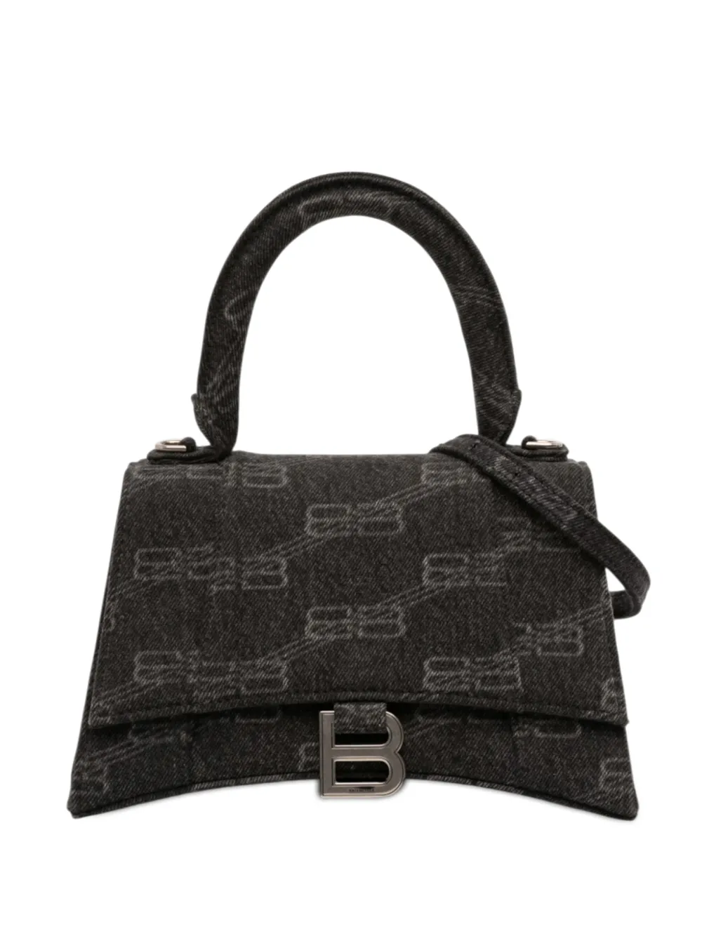 Pre-owned Balenciaga 2022 Small Bb Monogram Denim Hourglass Top Handle Bag Satchel In Black