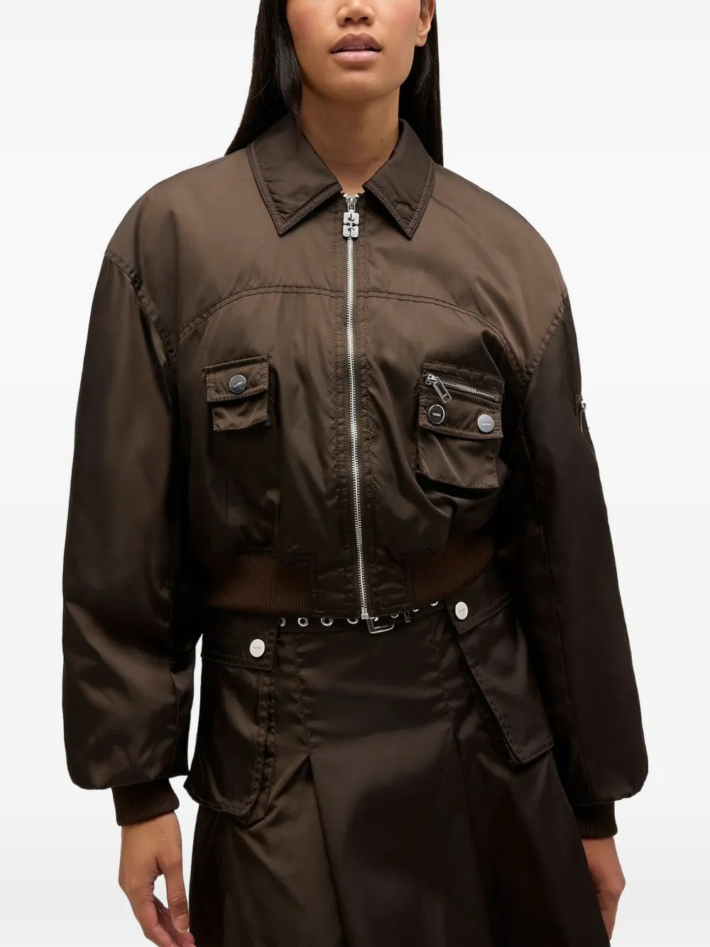 GANNI Duchesse nylon bomberjack Bruin