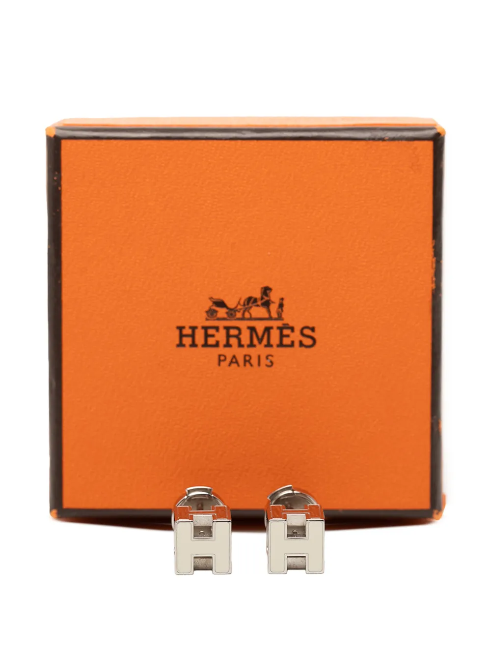 Hermès Pre-owned 2000-2026 Palladium Plated and Enamel Cage D H Push Back Earrings Costume Earrings in Silver, view 5