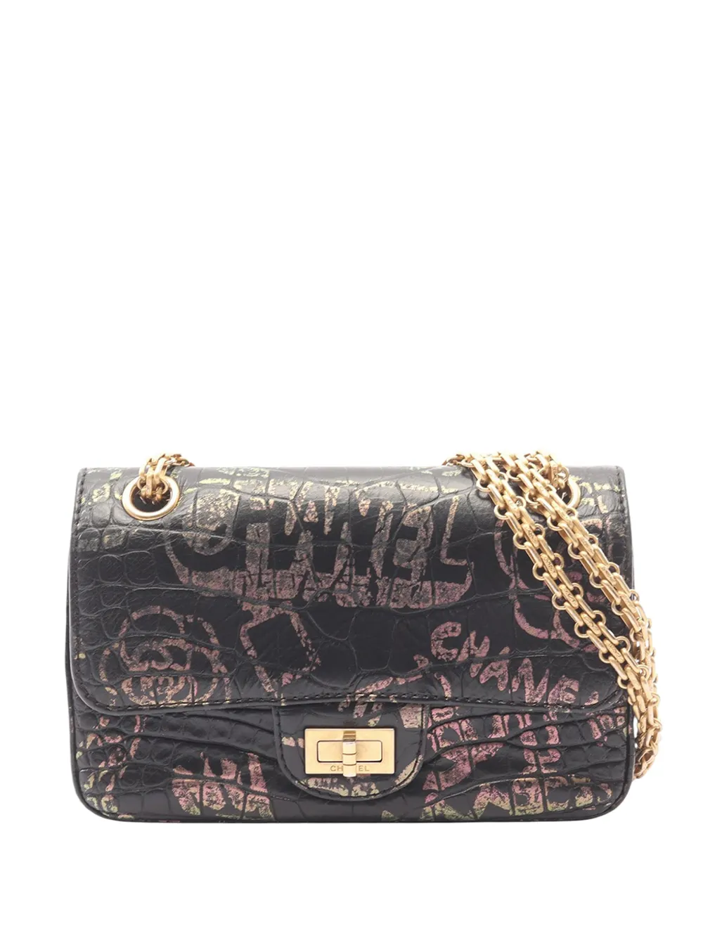 CHANEL Pre-Owned 2019 Calfskin Crocodile Embossed Graffiti 2.55 Cocodile Reissue Flap Bag shoulder bag - Nero