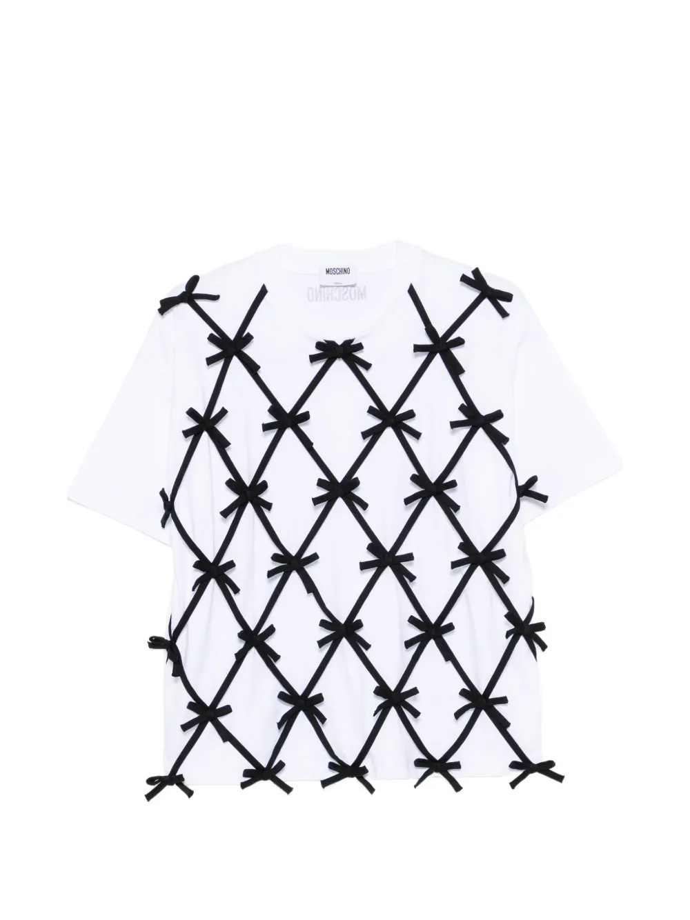 Moschino bow-embellished lattice-overlay T-shirt - Bianco