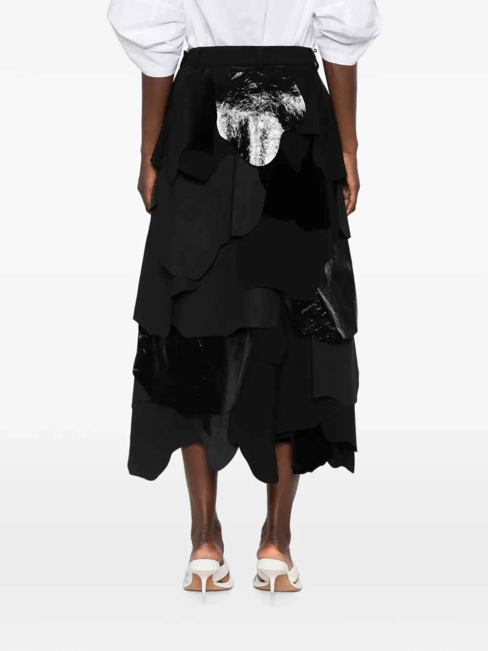 Moschino Patchwork-design Tiered Midi Skirt in Black, view 4