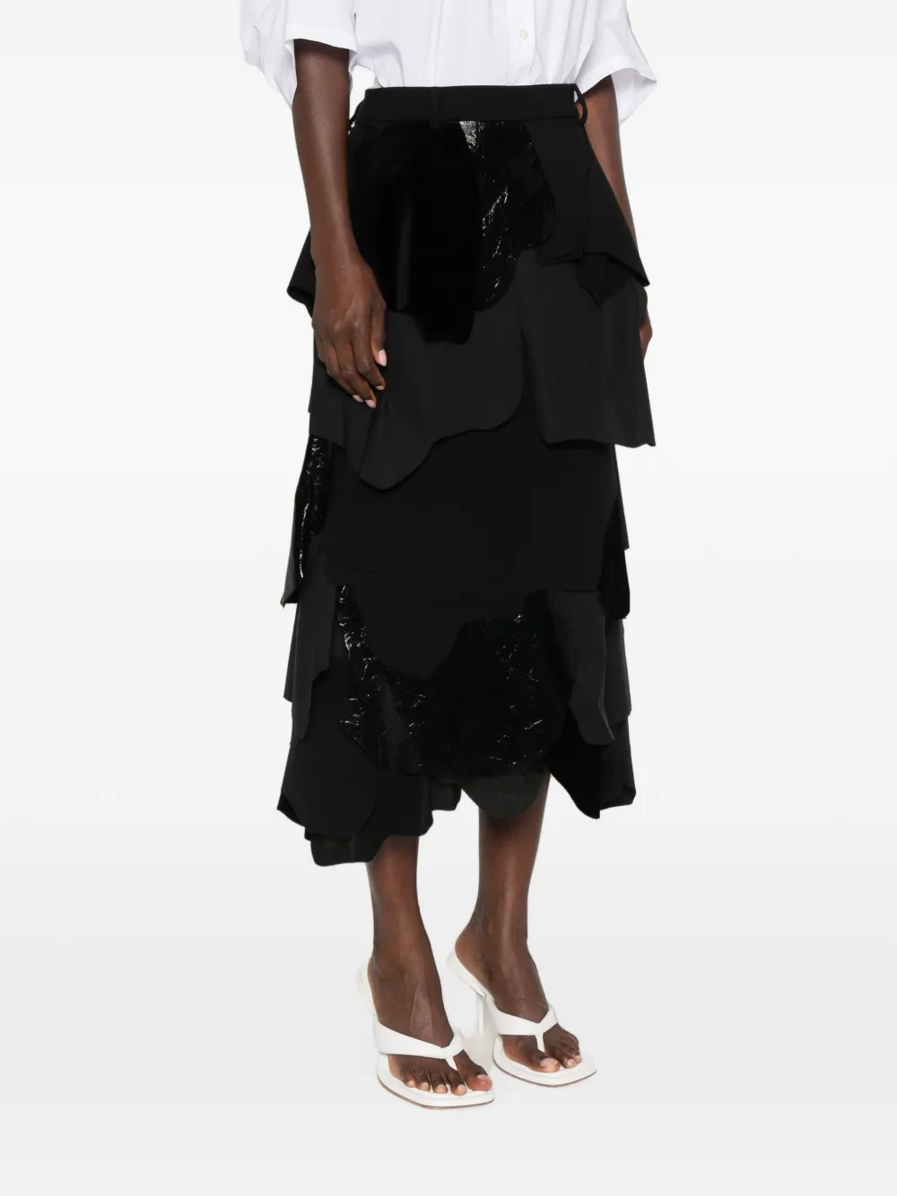 Moschino Patchwork-design Tiered Midi Skirt in Black, view 3
