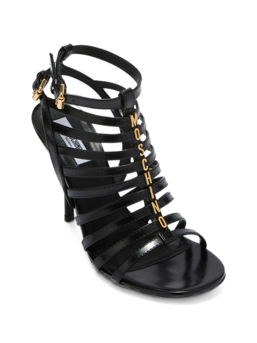 Moschino logo-lettering caged sandals Zwart