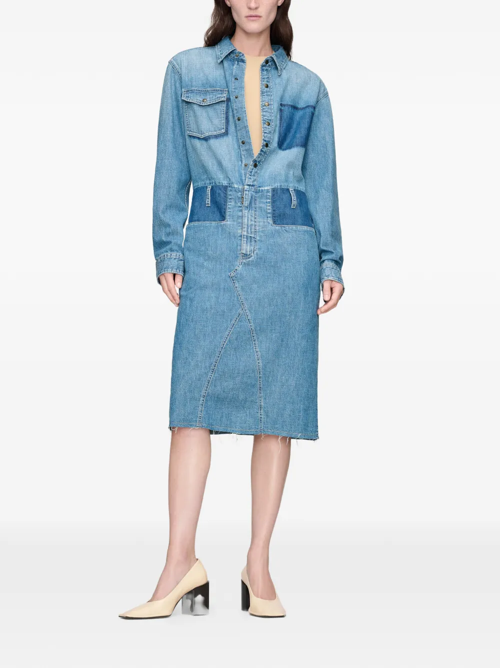 Maison Margiela Minimal denim blousejurk met patchwork Blauw