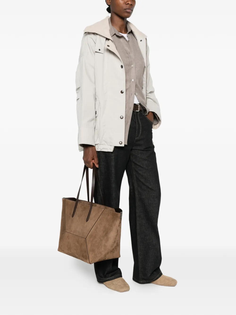 Brunello Cucinelli Shopper met suède afwerking en vlakken Bruin