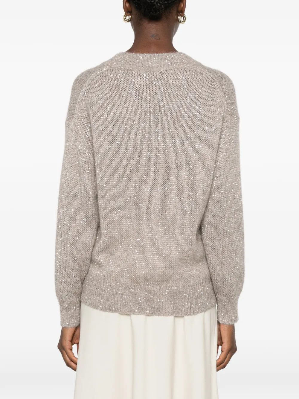 Brunello Cucinelli Trui verfraaid met pailletten en V-hals Beige