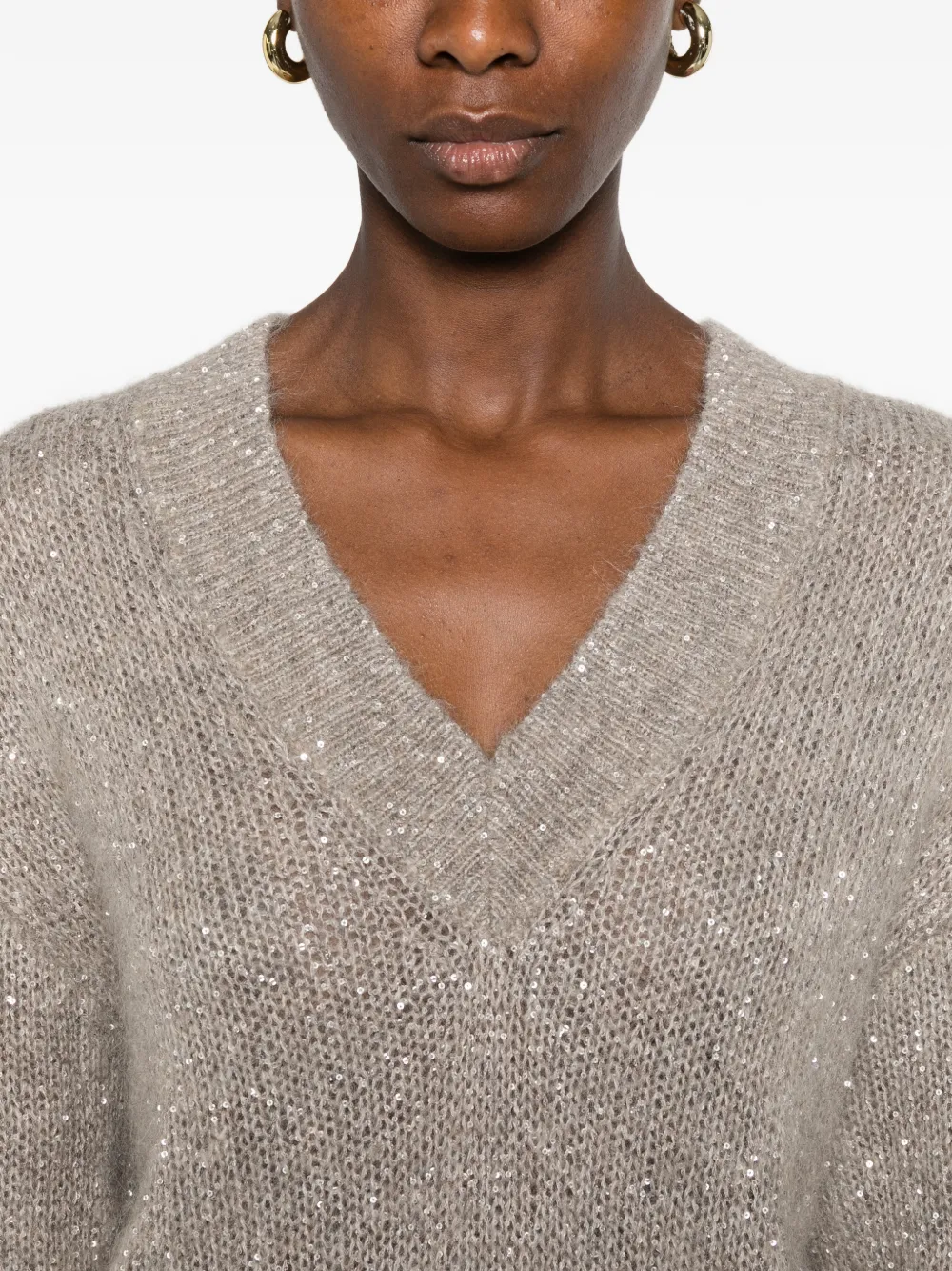Brunello Cucinelli Trui verfraaid met pailletten en V-hals Beige