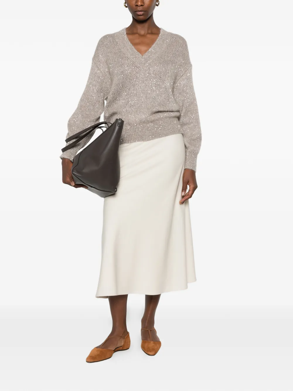 Brunello Cucinelli Trui verfraaid met pailletten en V-hals Beige